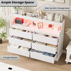 Commode en chêne pour chambre à coucher avec 6 tiroirs, commode moderne avec lumières LED et station de charge, armoire de rangement spacieuse pour salon ou couloir