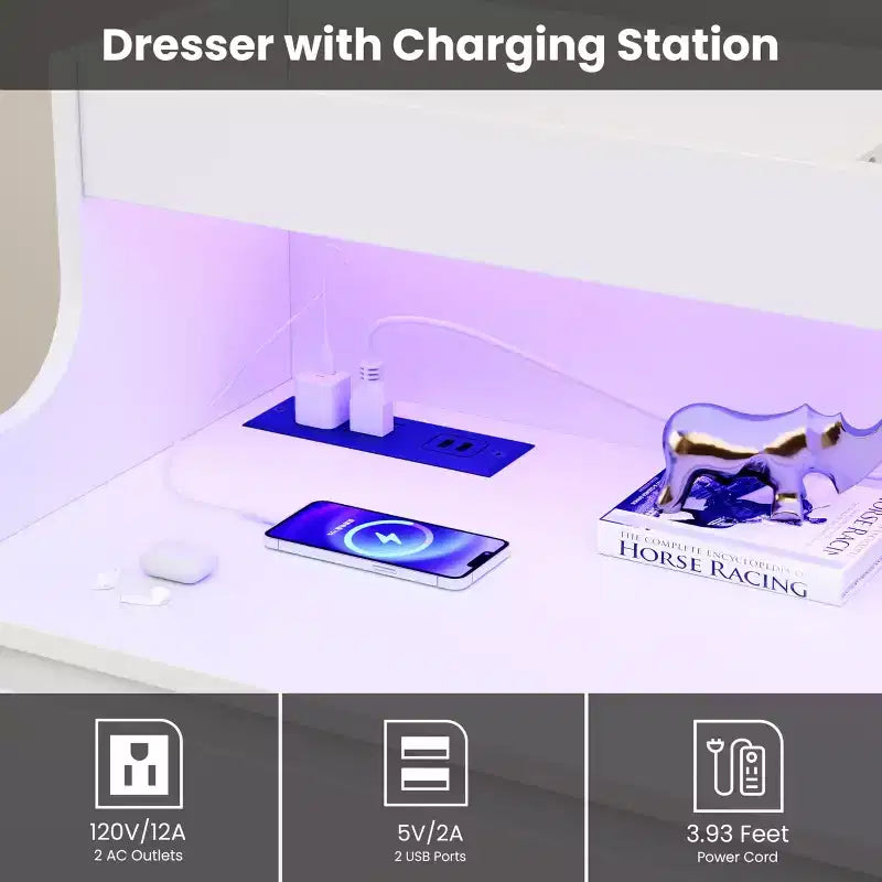 Commode en chêne pour chambre à coucher avec 6 tiroirs, commode moderne avec lumières LED et station de charge, armoire de rangement spacieuse pour salon ou couloir