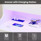 Commode en chêne pour chambre à coucher avec 6 tiroirs, commode moderne avec lumières LED et station de charge, armoire de rangement spacieuse pour salon ou couloir