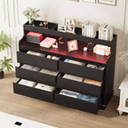 Commode en chêne pour chambre à coucher avec 6 tiroirs, commode moderne avec lumières LED et station de charge, armoire de rangement spacieuse pour salon ou couloir