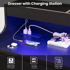 Commode en chêne pour chambre à coucher avec 6 tiroirs, commode moderne avec lumières LED et station de charge, armoire de rangement spacieuse pour salon ou couloir