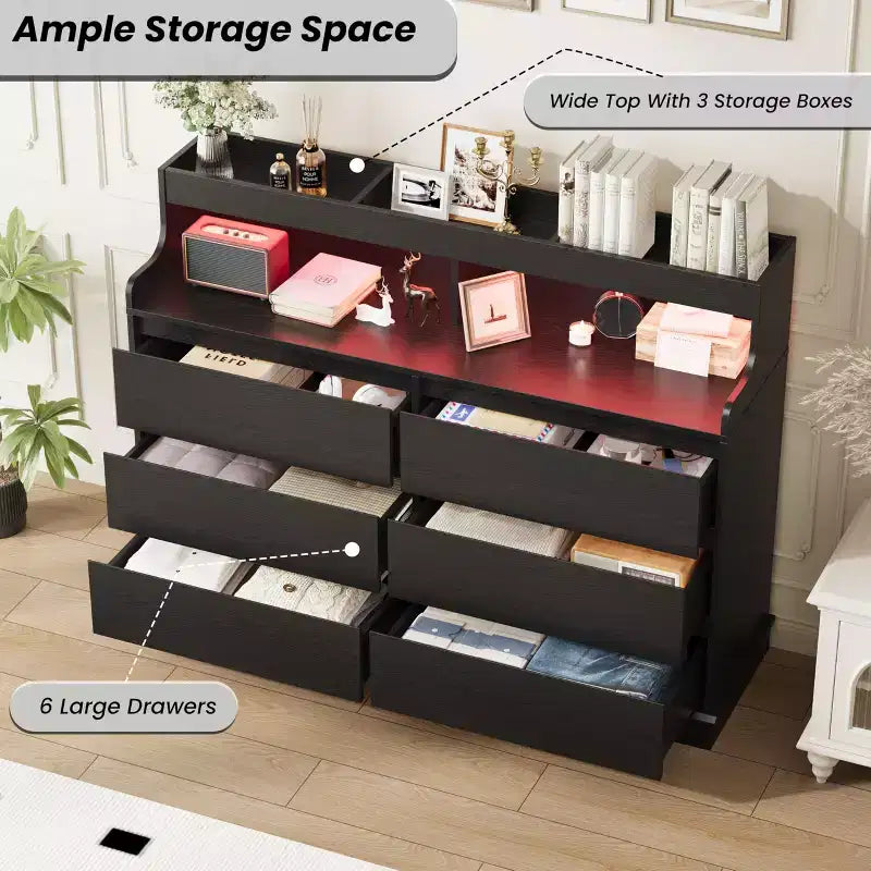 Commode en chêne pour chambre à coucher avec 6 tiroirs, commode moderne avec lumières LED et station de charge, armoire de rangement spacieuse pour salon ou couloir