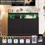 Commode en chêne pour chambre à coucher avec 6 tiroirs, commode moderne avec lumières LED et station de charge, armoire de rangement spacieuse pour salon ou couloir