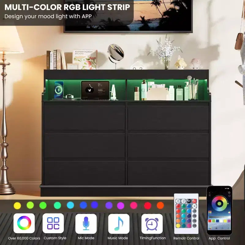 Commode en chêne pour chambre à coucher avec 6 tiroirs, commode moderne avec lumières LED et station de charge, armoire de rangement spacieuse pour salon ou couloir