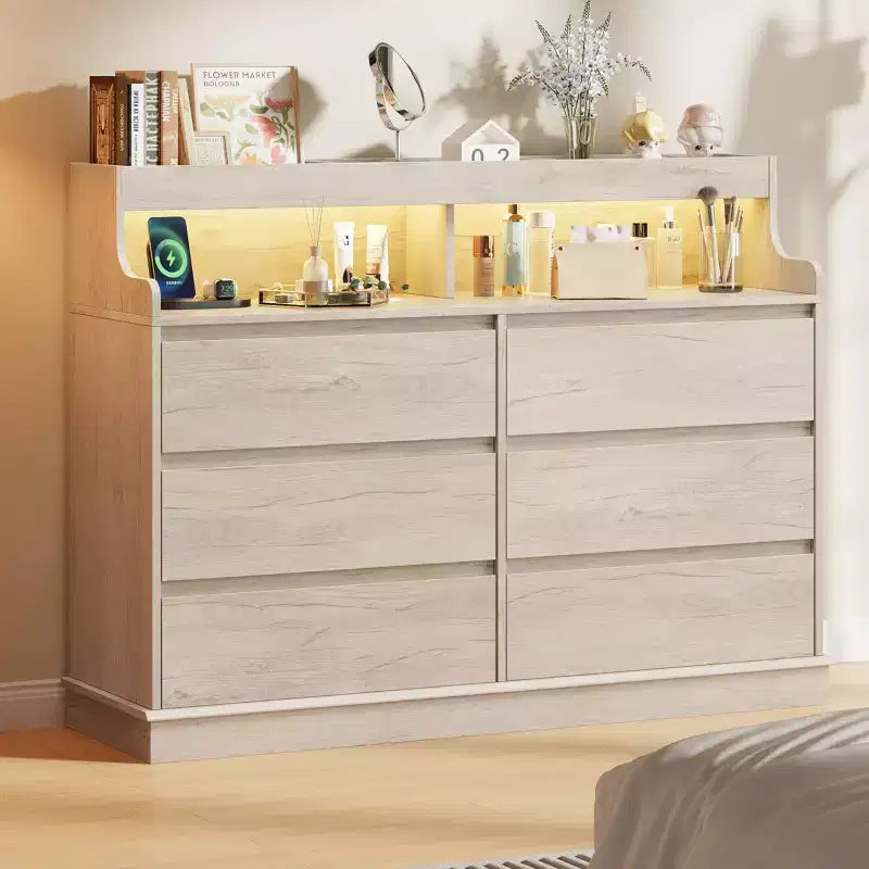 Commode en chêne pour chambre à coucher avec 6 tiroirs, commode moderne avec lumières LED et station de charge, armoire de rangement spacieuse pour salon ou couloir