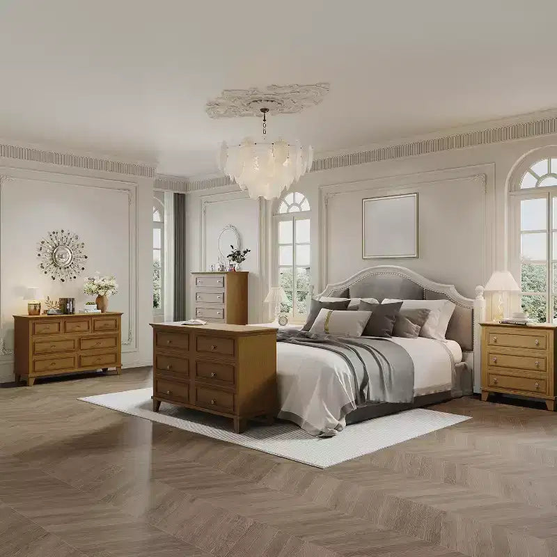 Meuble de rangement blanc style ferme avec 6 tiroirs, commode meuble TV avec poignées vintage, bois large pour chambre, salon, couloir