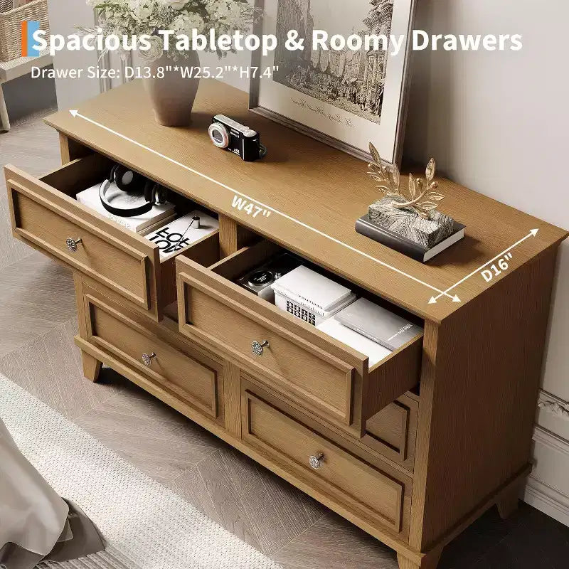 Meuble de rangement blanc style ferme avec 6 tiroirs, commode meuble TV avec poignées vintage, bois large pour chambre, salon, couloir