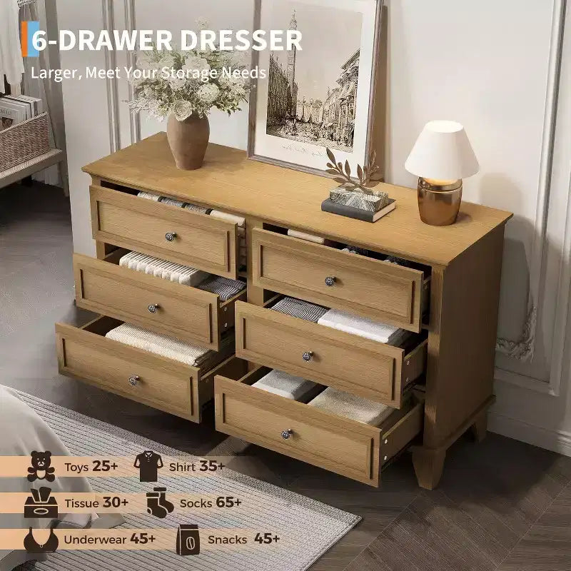 Meuble de rangement blanc style ferme avec 6 tiroirs, commode meuble TV avec poignées vintage, bois large pour chambre, salon, couloir