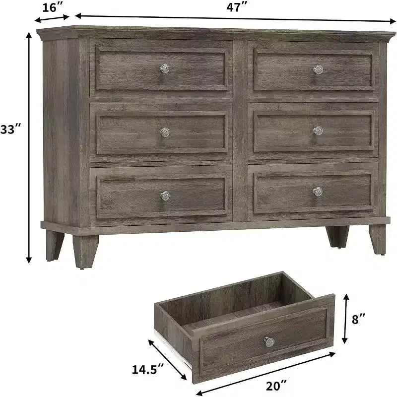 Meuble de rangement blanc style ferme avec 6 tiroirs, commode meuble TV avec poignées vintage, bois large pour chambre, salon, couloir