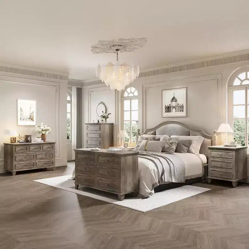 Meuble de rangement blanc style ferme avec 6 tiroirs, commode meuble TV avec poignées vintage, bois large pour chambre, salon, couloir