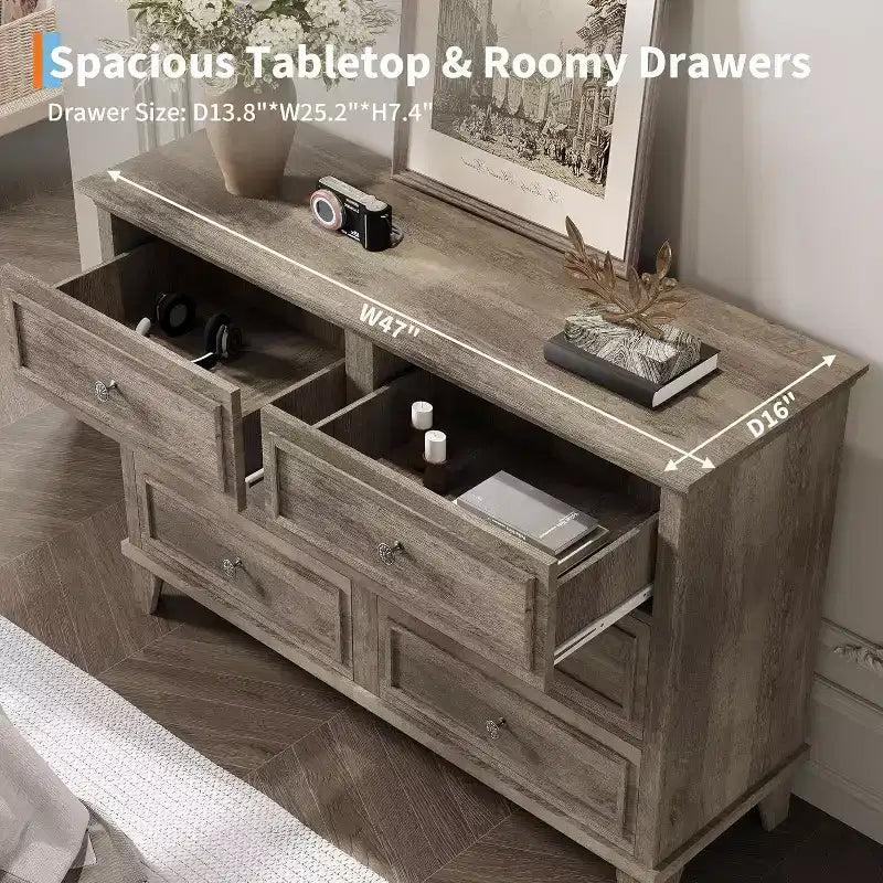 Meuble de rangement blanc style ferme avec 6 tiroirs, commode meuble TV avec poignées vintage, bois large pour chambre, salon, couloir