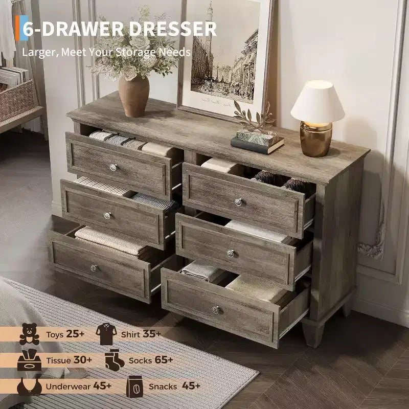 Meuble de rangement blanc style ferme avec 6 tiroirs, commode meuble TV avec poignées vintage, bois large pour chambre, salon, couloir
