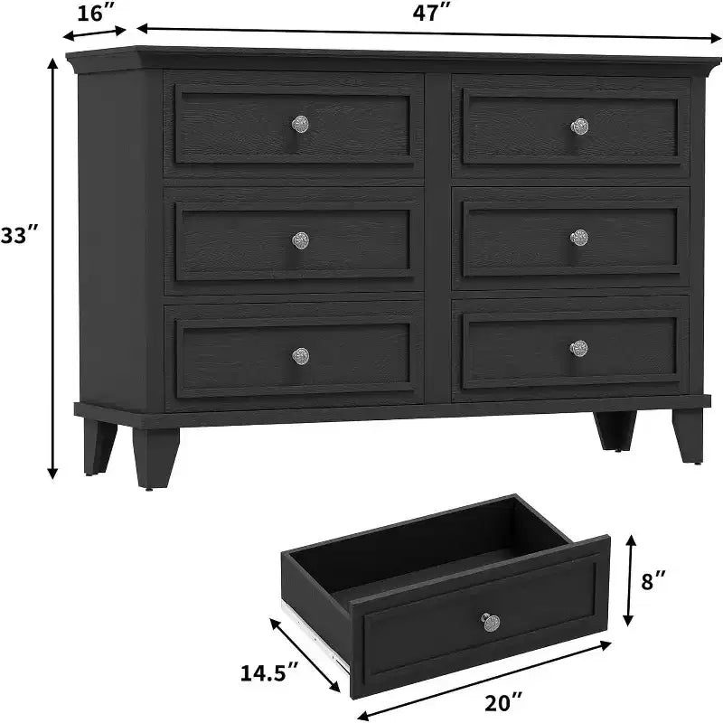 Meuble de rangement blanc style ferme avec 6 tiroirs, commode meuble TV avec poignées vintage, bois large pour chambre, salon, couloir