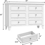 Meuble de rangement blanc style ferme avec 6 tiroirs, commode meuble TV avec poignées vintage, bois large pour chambre, salon, couloir