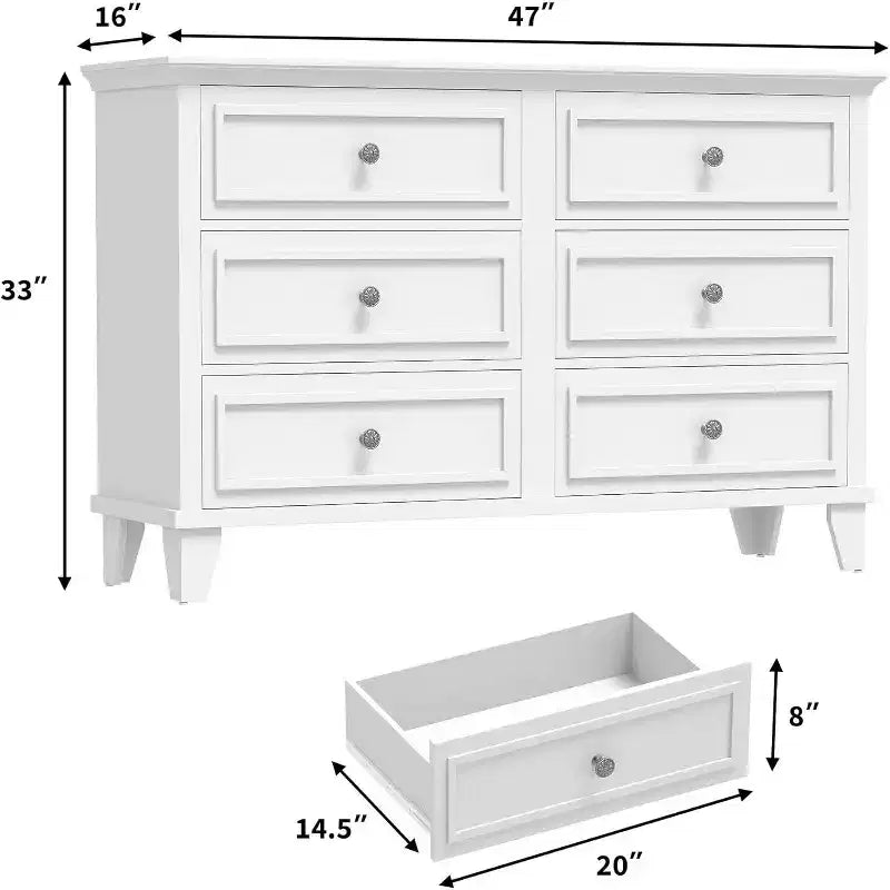 Meuble de rangement blanc style ferme avec 6 tiroirs, commode meuble TV avec poignées vintage, bois large pour chambre, salon, couloir