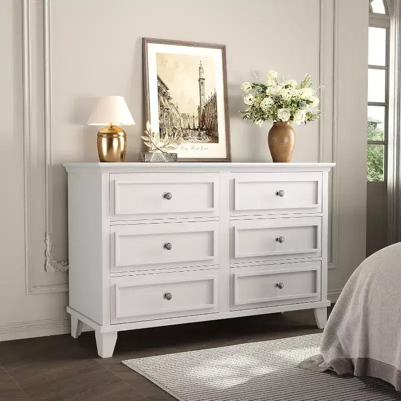 Meuble de rangement blanc style ferme avec 6 tiroirs, commode meuble TV avec poignées vintage, bois large pour chambre, salon, couloir