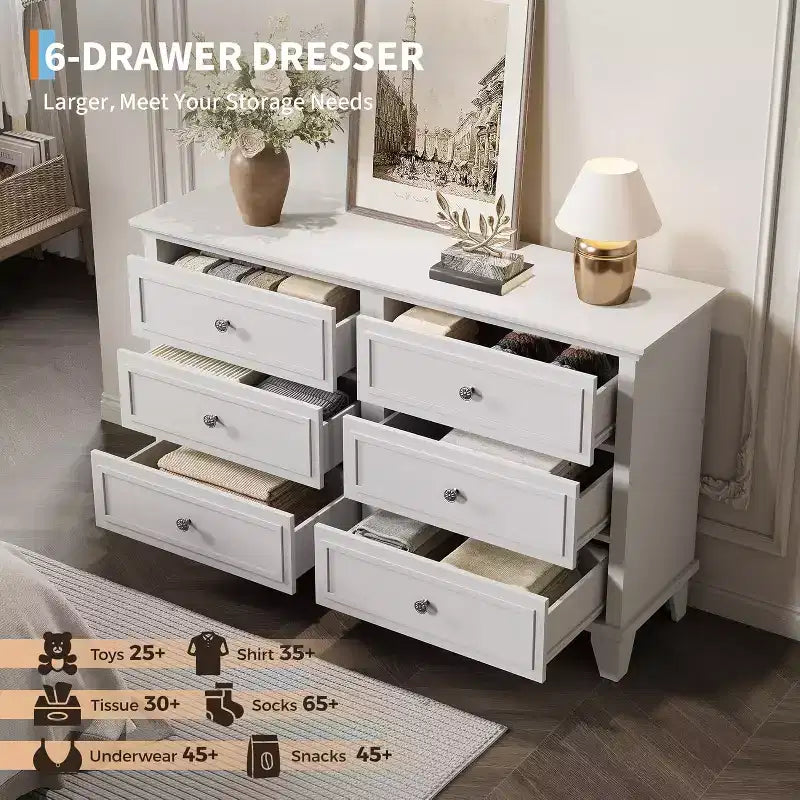 Meuble de rangement blanc style ferme avec 6 tiroirs, commode meuble TV avec poignées vintage, bois large pour chambre, salon, couloir