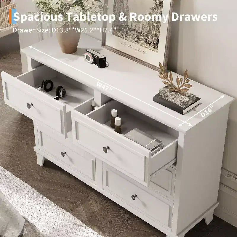 Meuble de rangement blanc style ferme avec 6 tiroirs, commode meuble TV avec poignées vintage, bois large pour chambre, salon, couloir