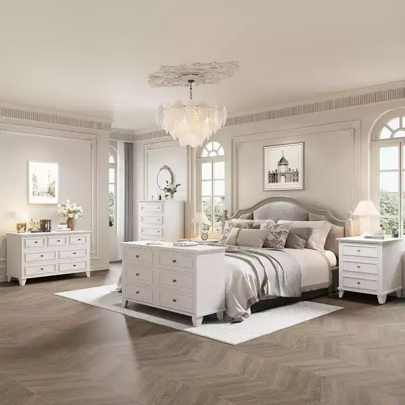 Meuble de rangement blanc style ferme avec 6 tiroirs, commode meuble TV avec poignées vintage, bois large pour chambre, salon, couloir