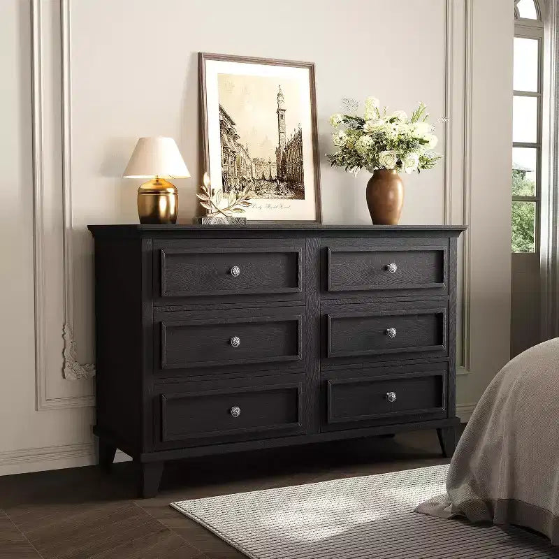 Meuble de rangement blanc style ferme avec 6 tiroirs, commode meuble TV avec poignées vintage, bois large pour chambre, salon, couloir