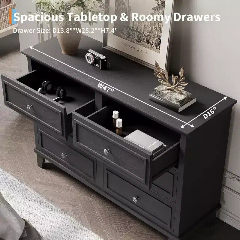 Meuble de rangement blanc style ferme avec 6 tiroirs, commode meuble TV avec poignées vintage, bois large pour chambre, salon, couloir