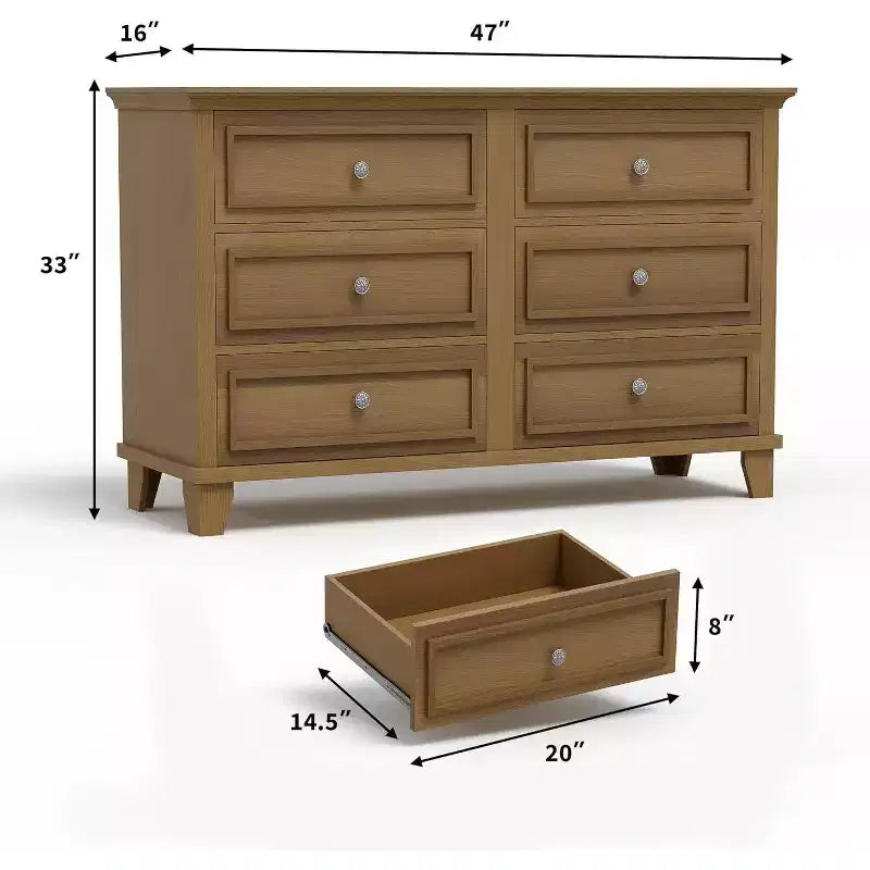 Meuble de rangement blanc style ferme avec 6 tiroirs, commode meuble TV avec poignées vintage, bois large pour chambre, salon, couloir