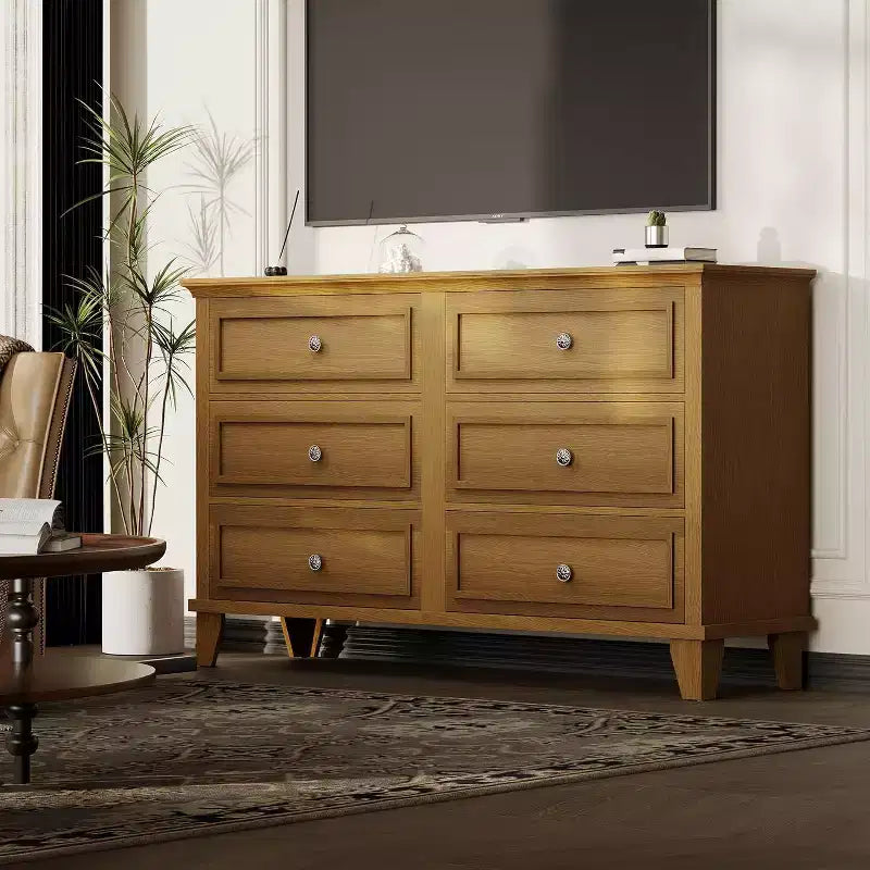 Meuble de rangement blanc style ferme avec 6 tiroirs, commode meuble TV avec poignées vintage, bois large pour chambre, salon, couloir