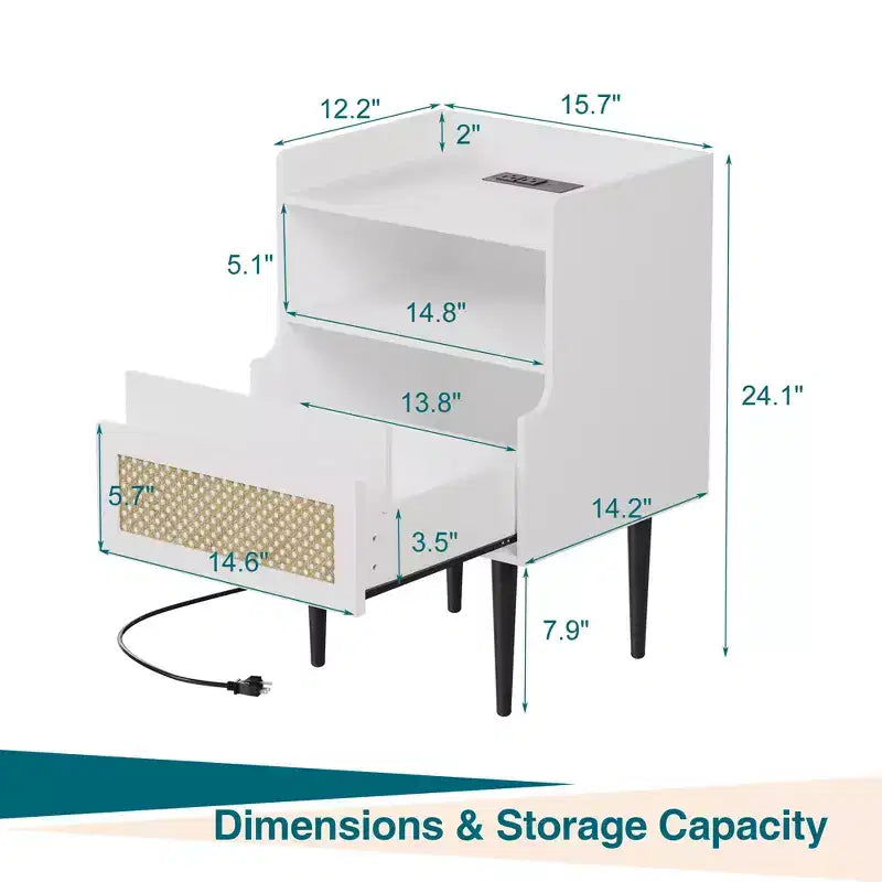Tables de chevet (lot de 2) avec station de charge, tiroir et étagère ouverte, table d'appoint avec accent en rotin, table de nuit