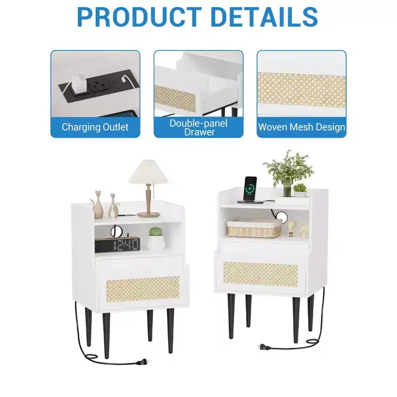 Tables de chevet (lot de 2) avec station de charge, tiroir et étagère ouverte, table d'appoint avec accent en rotin, table de nuit