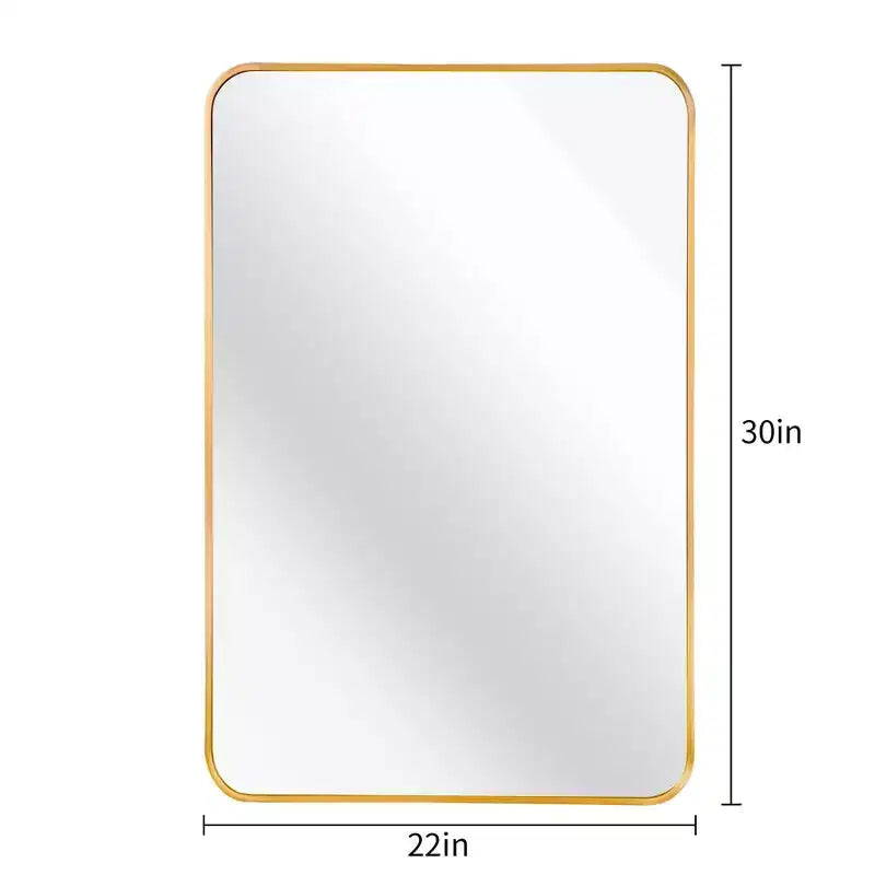 Miroir de salle de bain rectangulaire Okak avec cadre en aluminium, miroir de courtoisie à coins arrondis, miroir mural pour salon, salle de bain