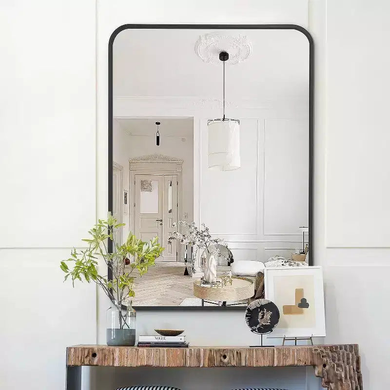 Miroir de salle de bain rectangulaire Okak avec cadre en aluminium, miroir de courtoisie à coins arrondis, miroir mural pour salon, salle de bain
