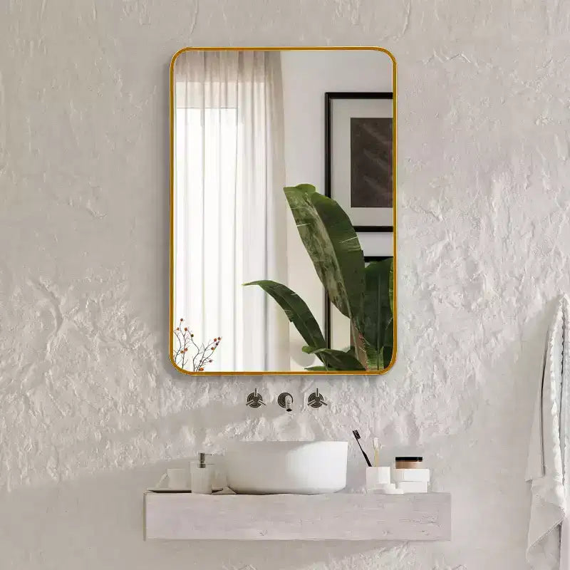 Miroir de salle de bain rectangulaire Okak avec cadre en aluminium, miroir de courtoisie à coins arrondis, miroir mural pour salon, salle de bain