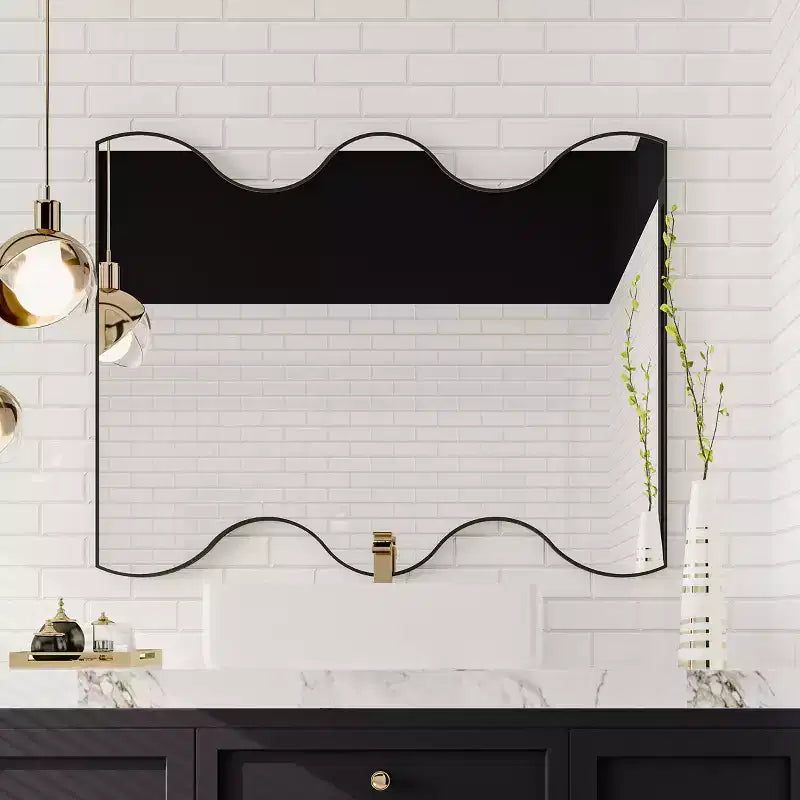 Miroir de salle de bain Okak 30X35IN forme vague moderne, miroir mural avec cadre en métal, miroir de courtoisie pour salle de bain, salon, chambre