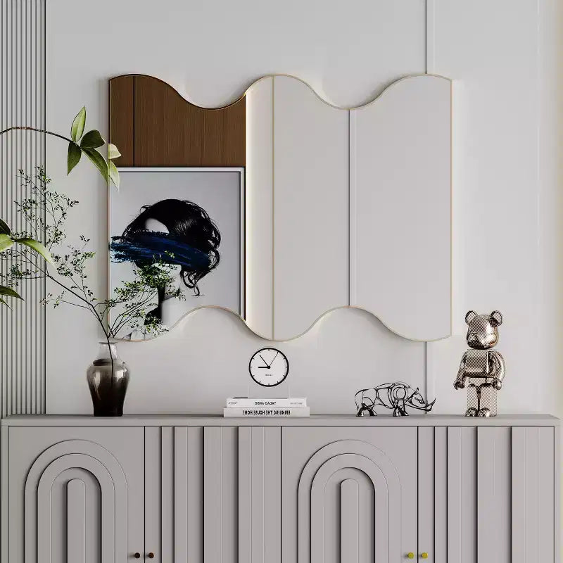 Miroir de salle de bain Okak 30X35IN forme vague moderne, miroir mural avec cadre en métal, miroir de courtoisie pour salle de bain, salon, chambre