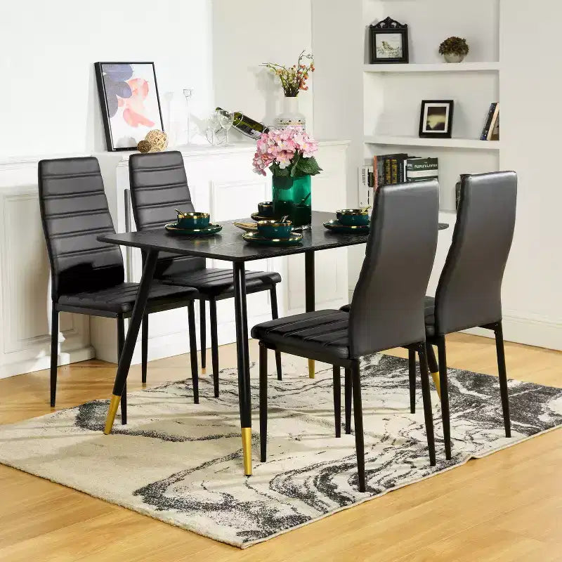 FurnitureR Chaises de salle à manger en cuir PU, lot de 4, sans accoudoirs, dossier haut, avec structure en métal, ergonomiques pour cuisine, salle à manger, bureau à domicile, noir