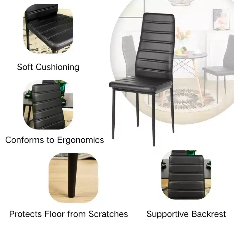 FurnitureR Chaises de salle à manger en cuir PU, lot de 4, sans accoudoirs, dossier haut, avec structure en métal, ergonomiques pour cuisine, salle à manger, bureau à domicile, noir