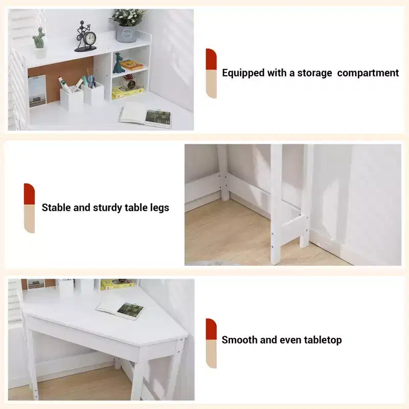 Ensemble bureau et chaise enfant GustoWave, Table d'étude d'angle en bois avec étagère, tableau d'affichage et porte-stylos, Table d'écriture, Blanc