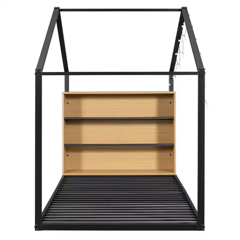 Lit Cabane en Métal pour Enfants, Cadre de Lit au Sol avec Étagères et Lumières pour Enfants et Adultes