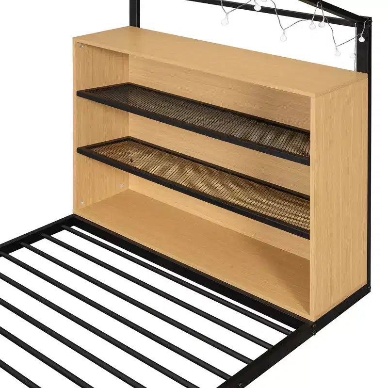 Lit Cabane en Métal pour Enfants, Cadre de Lit au Sol avec Étagères et Lumières pour Enfants et Adultes
