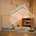 Lit Cabane en Métal pour Enfants, Cadre de Lit au Sol avec Étagères et Lumières pour Enfants et Adultes