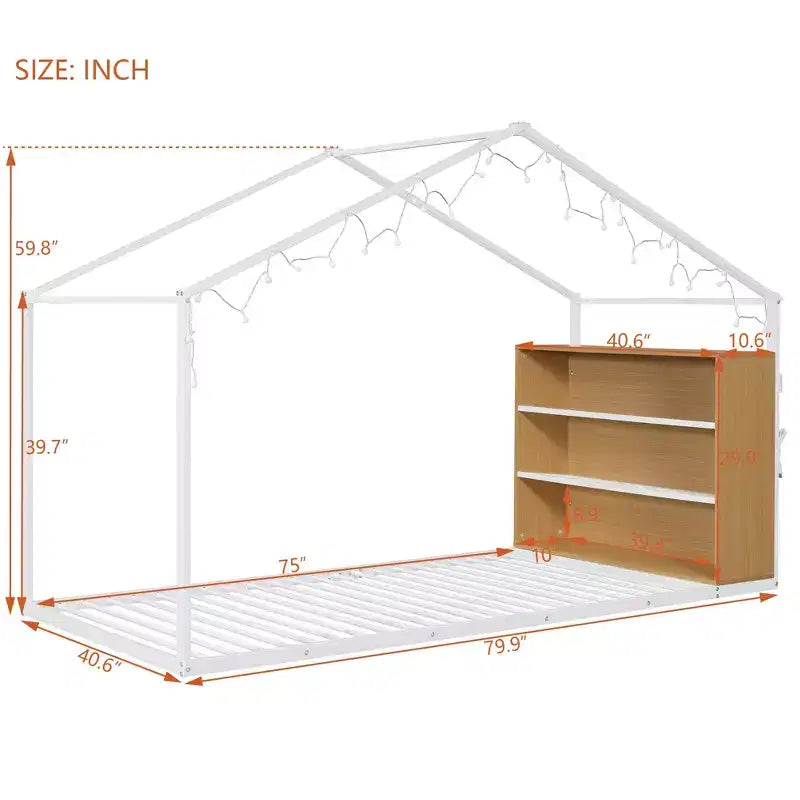 Lit Cabane en Métal pour Enfants, Cadre de Lit au Sol avec Étagères et Lumières pour Enfants et Adultes