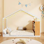 Lit Cabane en Métal pour Enfants, Cadre de Lit au Sol avec Étagères et Lumières pour Enfants et Adultes