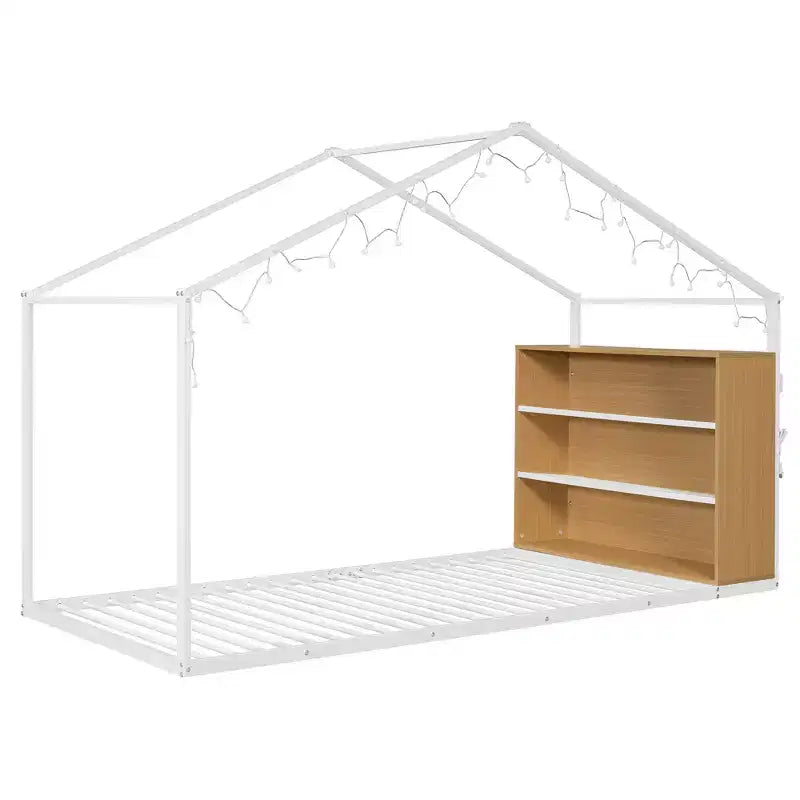 Lit Cabane en Métal pour Enfants, Cadre de Lit au Sol avec Étagères et Lumières pour Enfants et Adultes