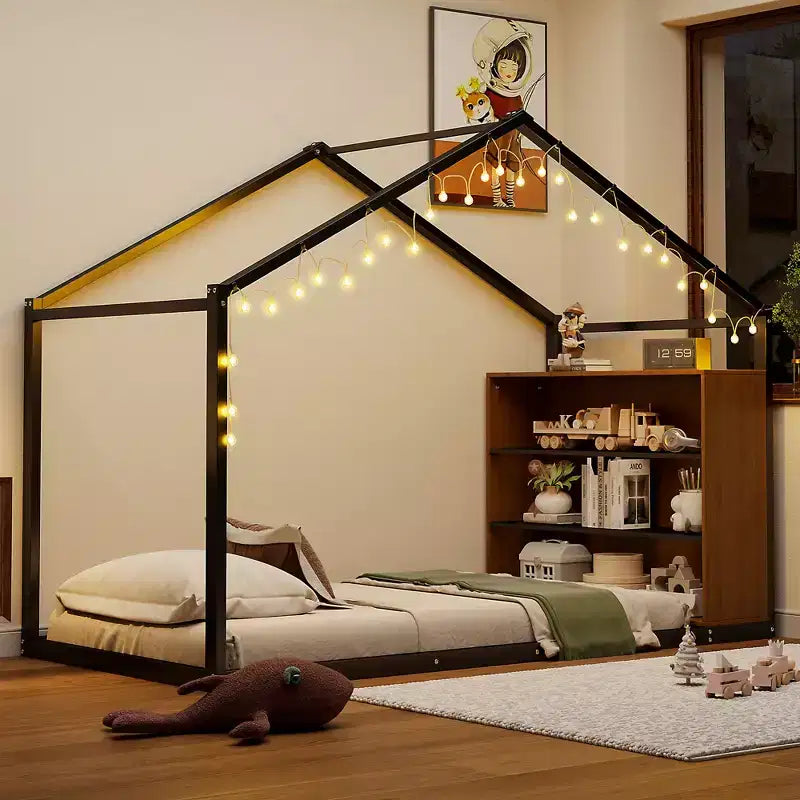Lit Cabane en Métal pour Enfants, Cadre de Lit au Sol avec Étagères et Lumières pour Enfants et Adultes