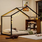 Lit Cabane en Métal pour Enfants, Cadre de Lit au Sol avec Étagères et Lumières pour Enfants et Adultes