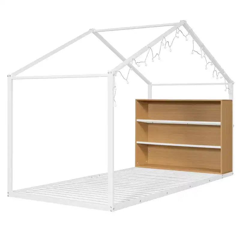 Lit Cabane en Métal pour Enfants, Cadre de Lit au Sol avec Étagères et Lumières pour Enfants et Adultes