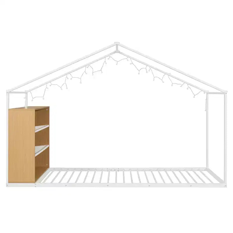 Lit Cabane en Métal pour Enfants, Cadre de Lit au Sol avec Étagères et Lumières pour Enfants et Adultes