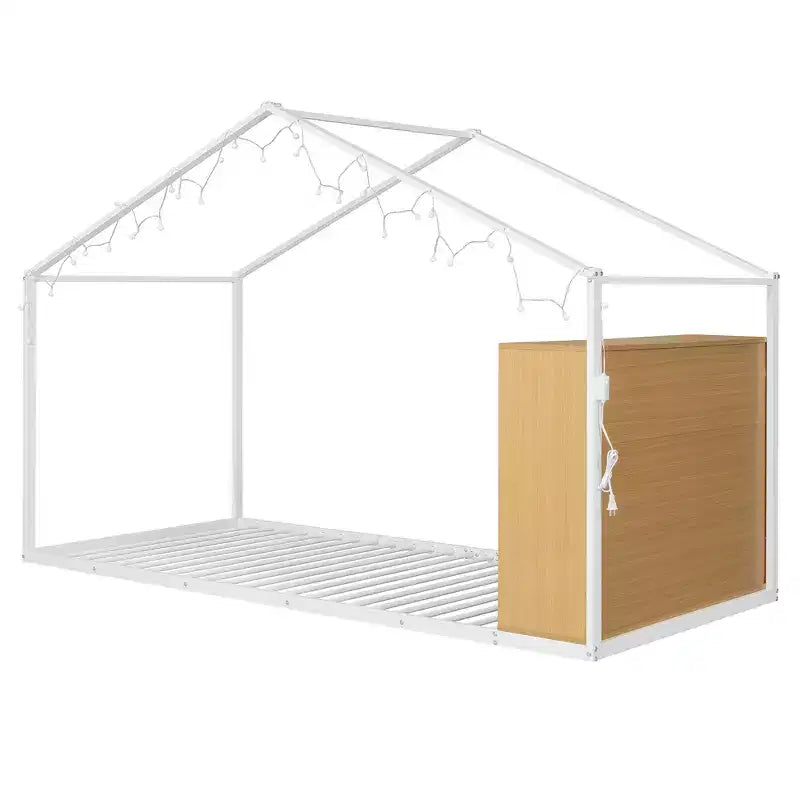 Lit Cabane en Métal pour Enfants, Cadre de Lit au Sol avec Étagères et Lumières pour Enfants et Adultes