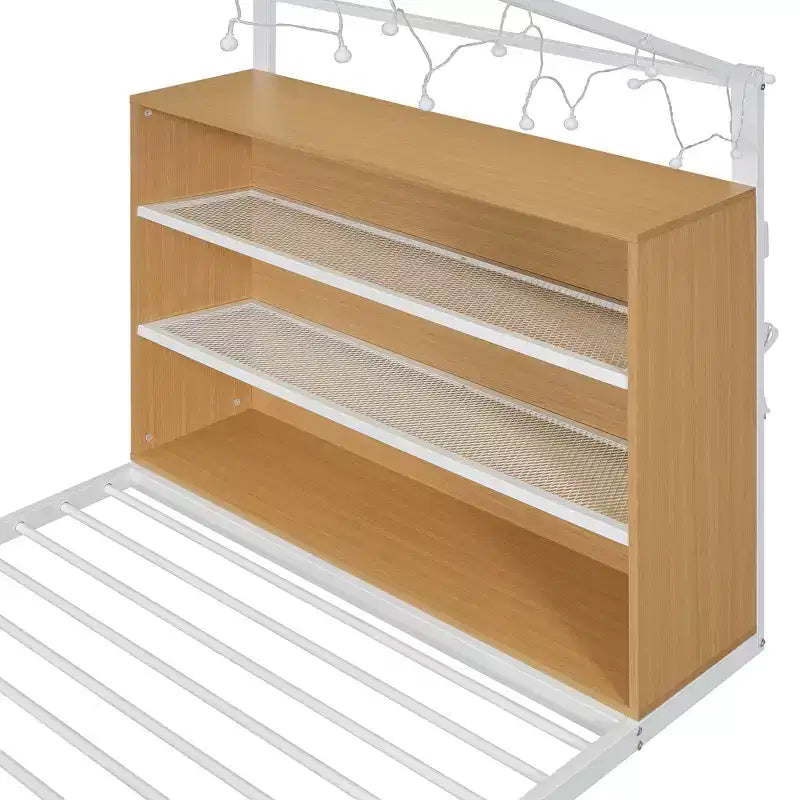 Lit Cabane en Métal pour Enfants, Cadre de Lit au Sol avec Étagères et Lumières pour Enfants et Adultes