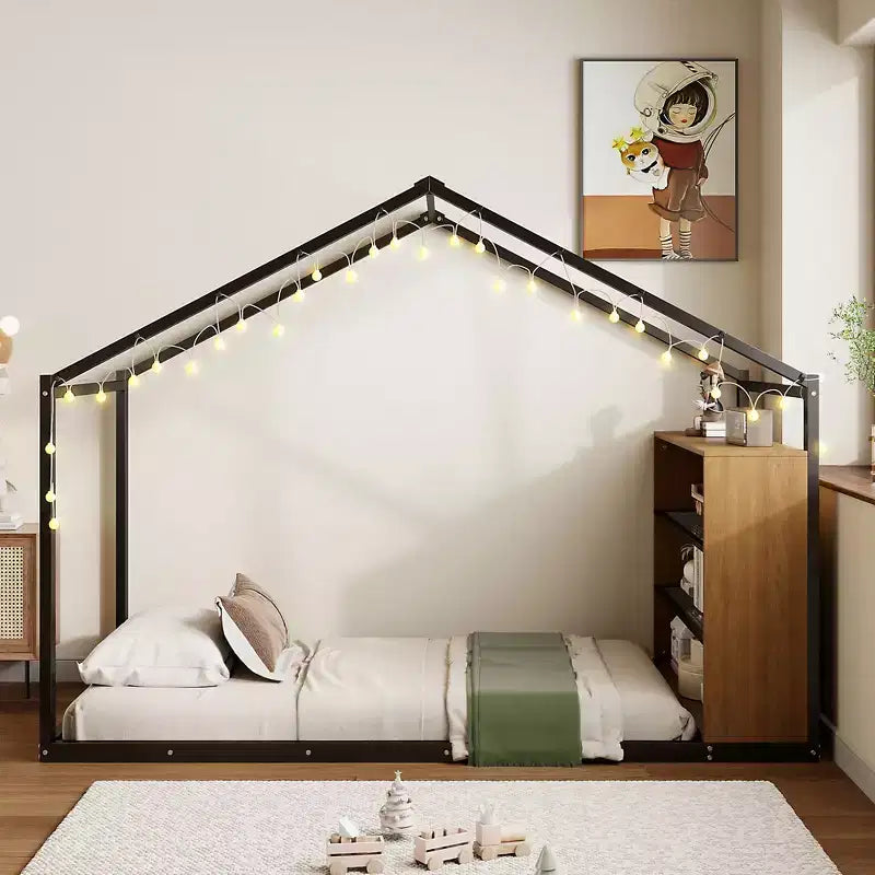 Lit Cabane en Métal pour Enfants, Cadre de Lit au Sol avec Étagères et Lumières pour Enfants et Adultes